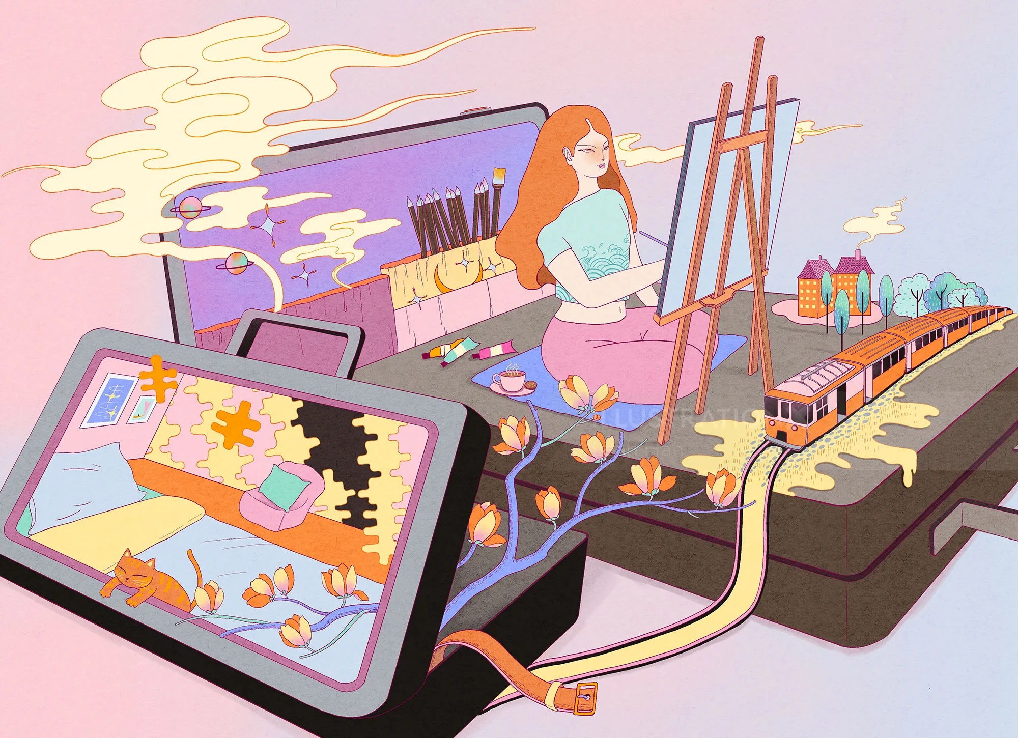 Surreal art studio with woman painting, train set, and floating art supplies by Leah Han