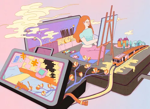 Surreal art studio with woman painting, train set, and floating art supplies by Leah Han