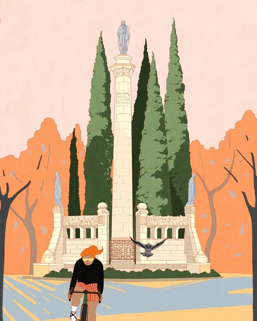 Person in beret near monument with cypress trees in autumn by Leah Han
