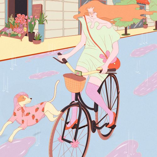 Woman riding bicycle with spotted dog alongside on city street by Leah Han