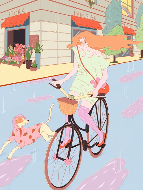 Woman riding bicycle with spotted dog alongside on city street by Leah Han