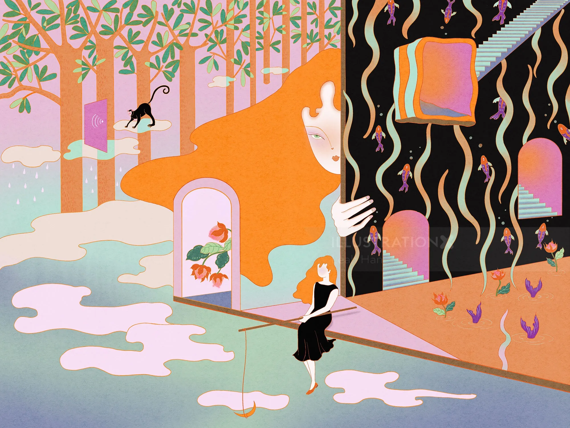 Obra de arte surrealista de Leah Han retratando uma mulher com coleira perto de um prédio preto e um gato.