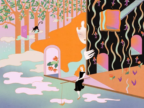 Surreal landscape artwork of woman with leash near black building and cat by Leah Han