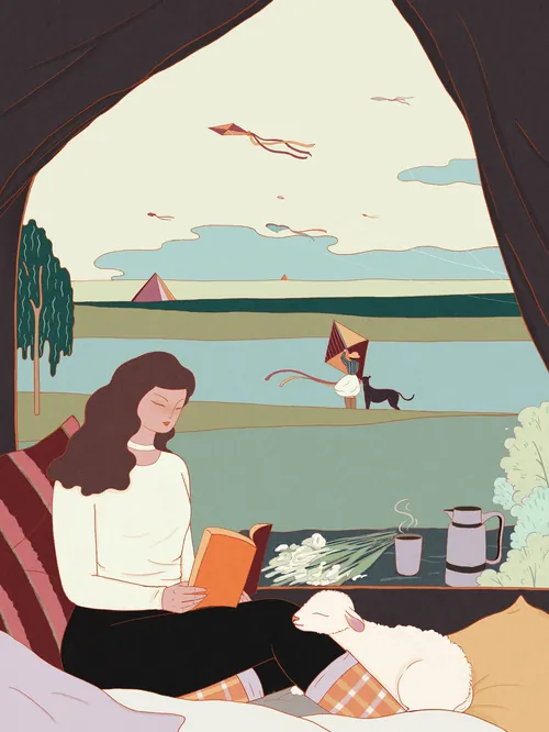 Woman reading book inside tent with dog and lake view by Leah Han