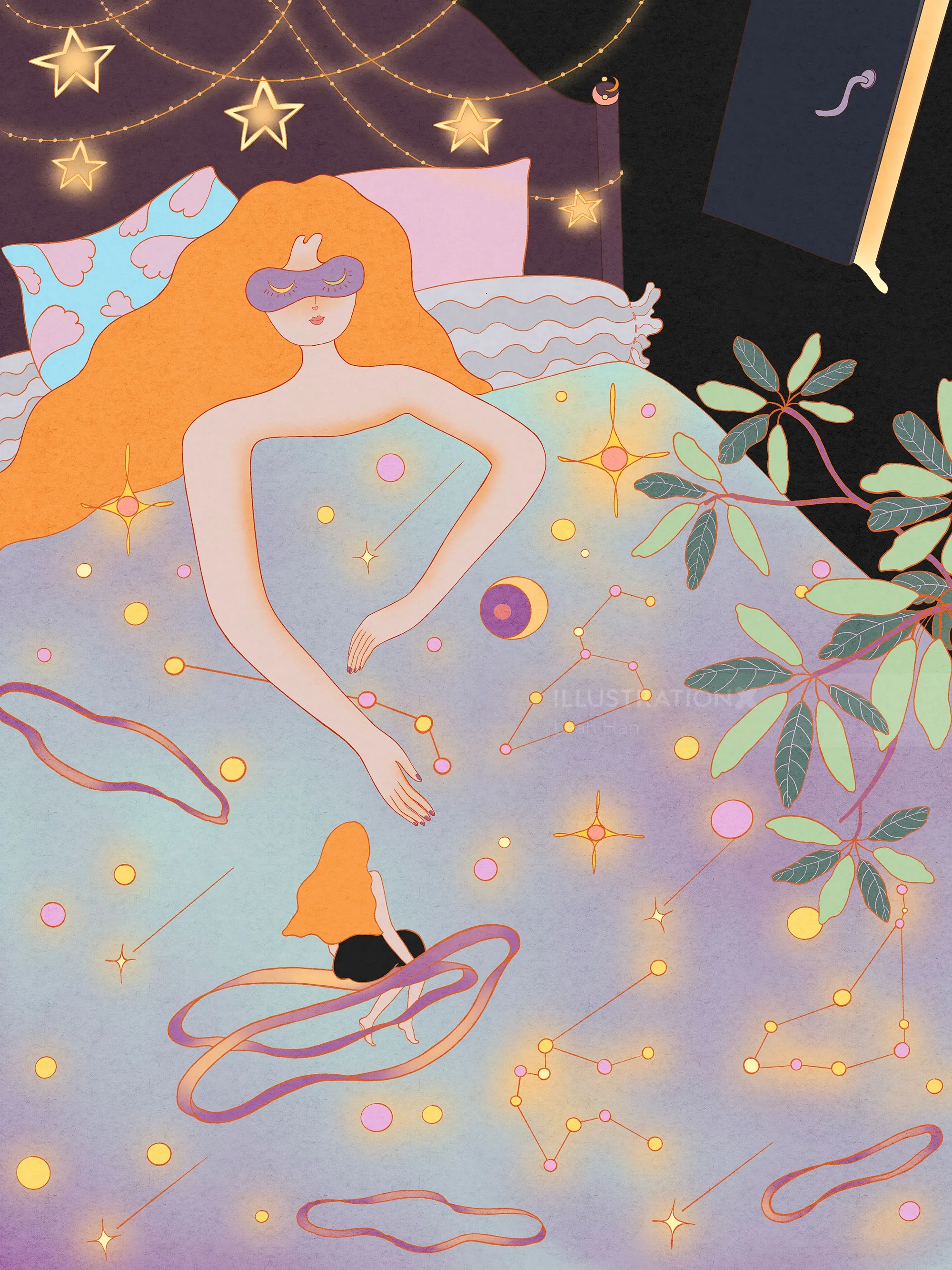 Mulher sonhadora descansando sob um céu estrelado com constelações, por Leah Han.