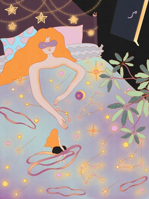 Dreamy woman resting under starry sky with constellations by Leah Han