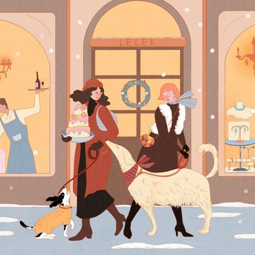 Winter scene outside bakery with people, dog, and festive decorations by Leah Han