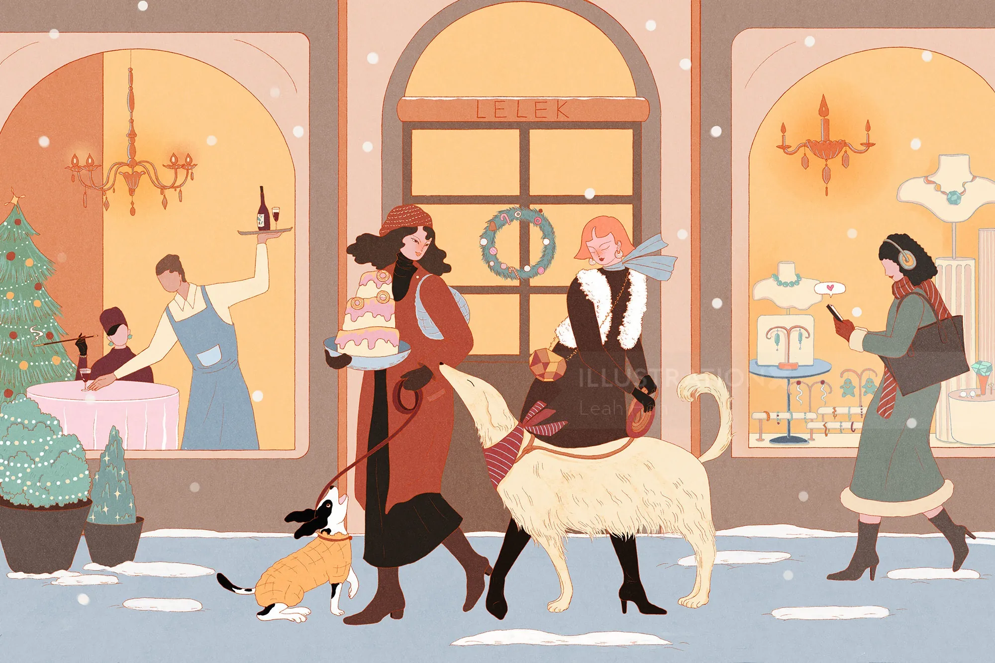 Cena de inverno em frente a uma padaria com pessoas, um cachorro e decorações festivas, por Leah Han.