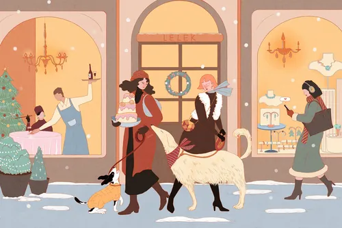 Winter scene outside bakery with people, dog, and festive decorations by Leah Han