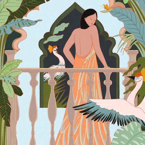 Woman on balcony with tropical birds and large green leaves by Leah Han