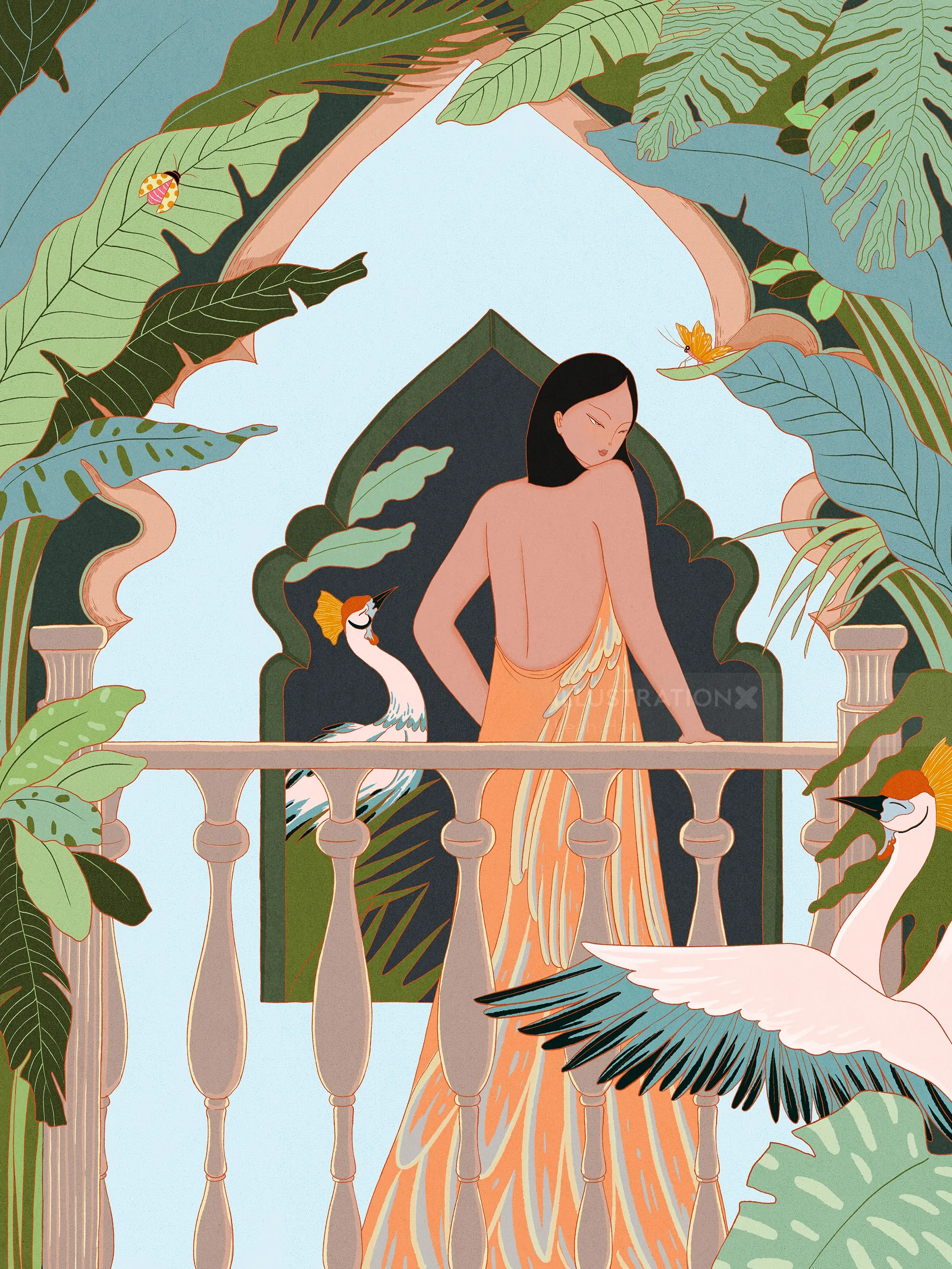 Mulher na varanda com pássaros tropicais e grandes folhas verdes, por Leah Han.