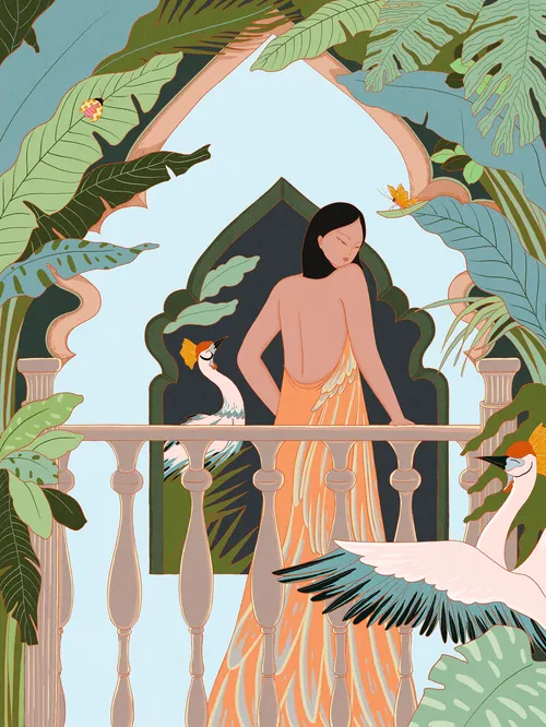 Woman on balcony with tropical birds and large green leaves by Leah Han