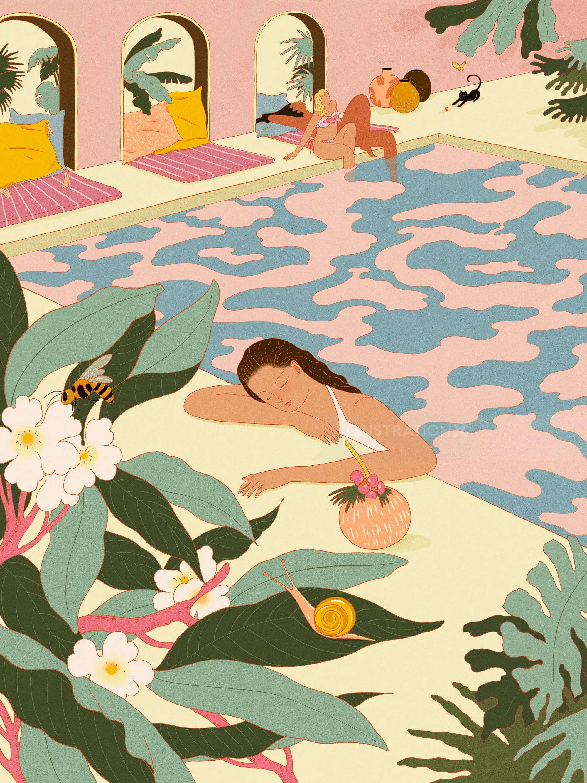 Persona relajándose junto a la piscina con plantas tropicales, por Leah Han