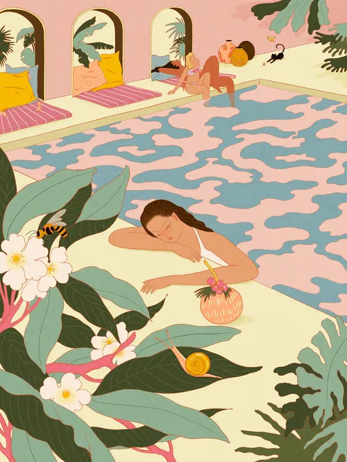 Person relaxing poolside with tropical plants by Leah Han