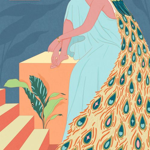 Seated woman with peafowl feathers and blue dress by Leah Han