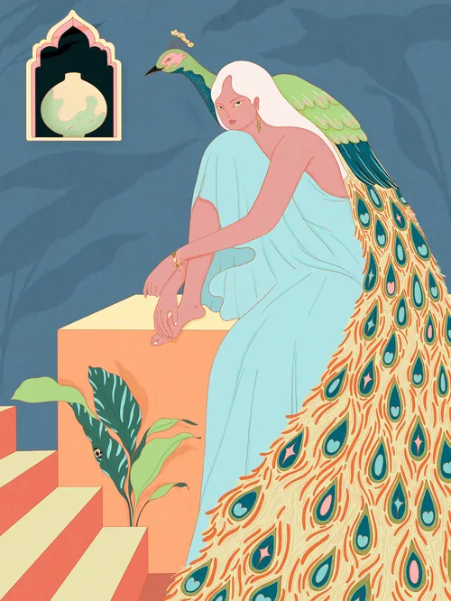 Seated woman with peafowl feathers and blue dress by Leah Han