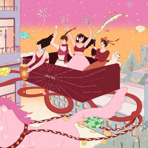 Women riding a unicorn-drawn wagon in a festive town by Leah Han