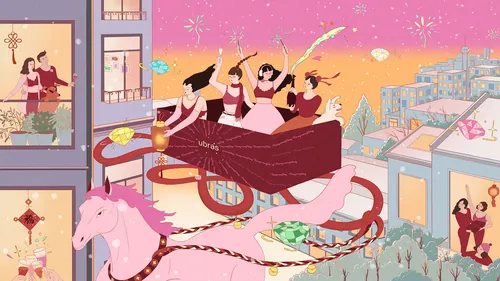 Women riding a unicorn-drawn wagon in a festive town by Leah Han