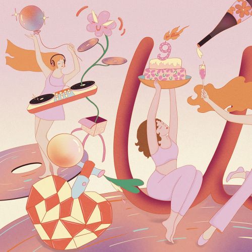 Women dancing with abstract shapes in pastel colors by Leah Han
