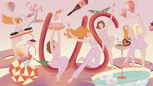 Women dancing with abstract shapes in pastel colors by Leah Han