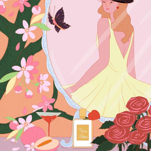 Illustration of woman in yellow dress and hat with perfume and flowers by Leah Han