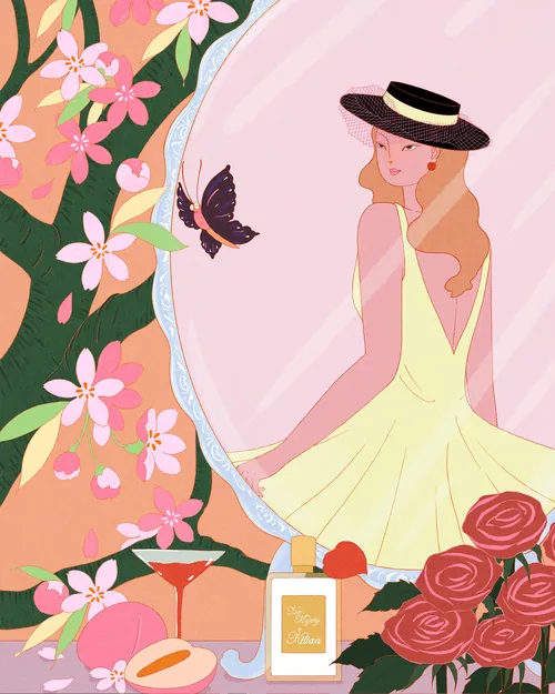 Illustration of woman in yellow dress and hat with perfume and flowers by Leah Han