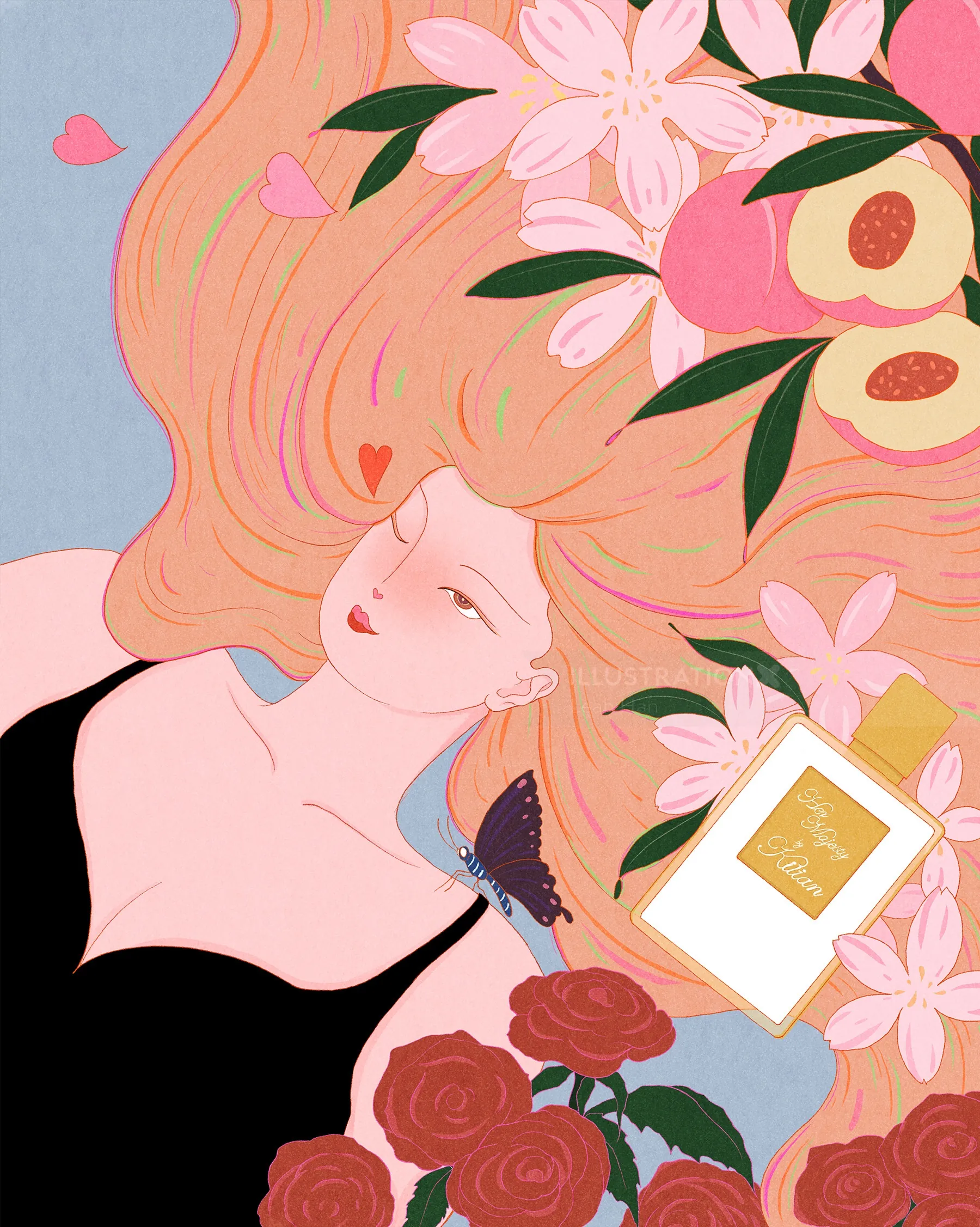 Illustration of a woman with flowers and a Kilian Paris perfume by Leah Han
