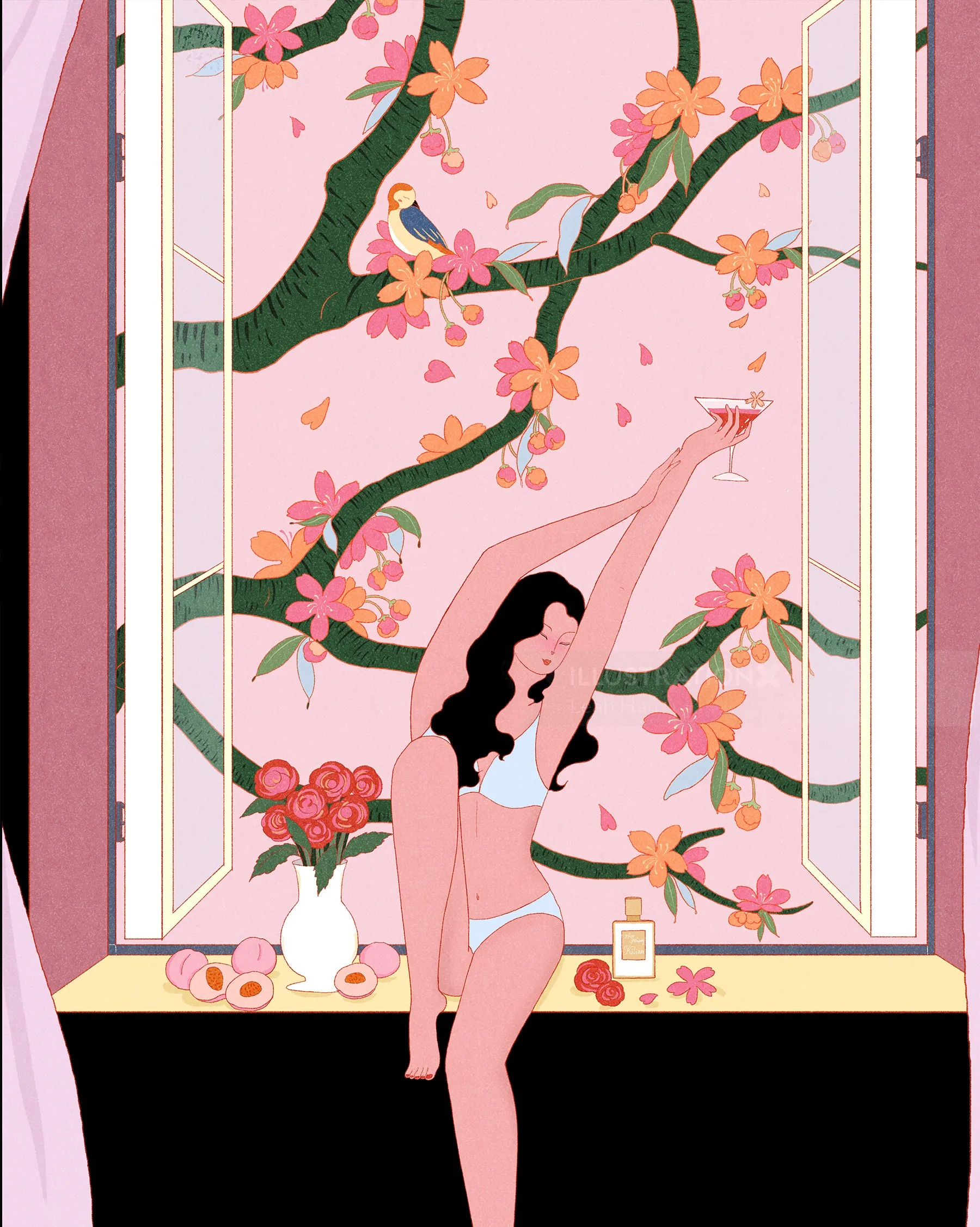 Woman stretching near window with pink blossoms by Leah Han