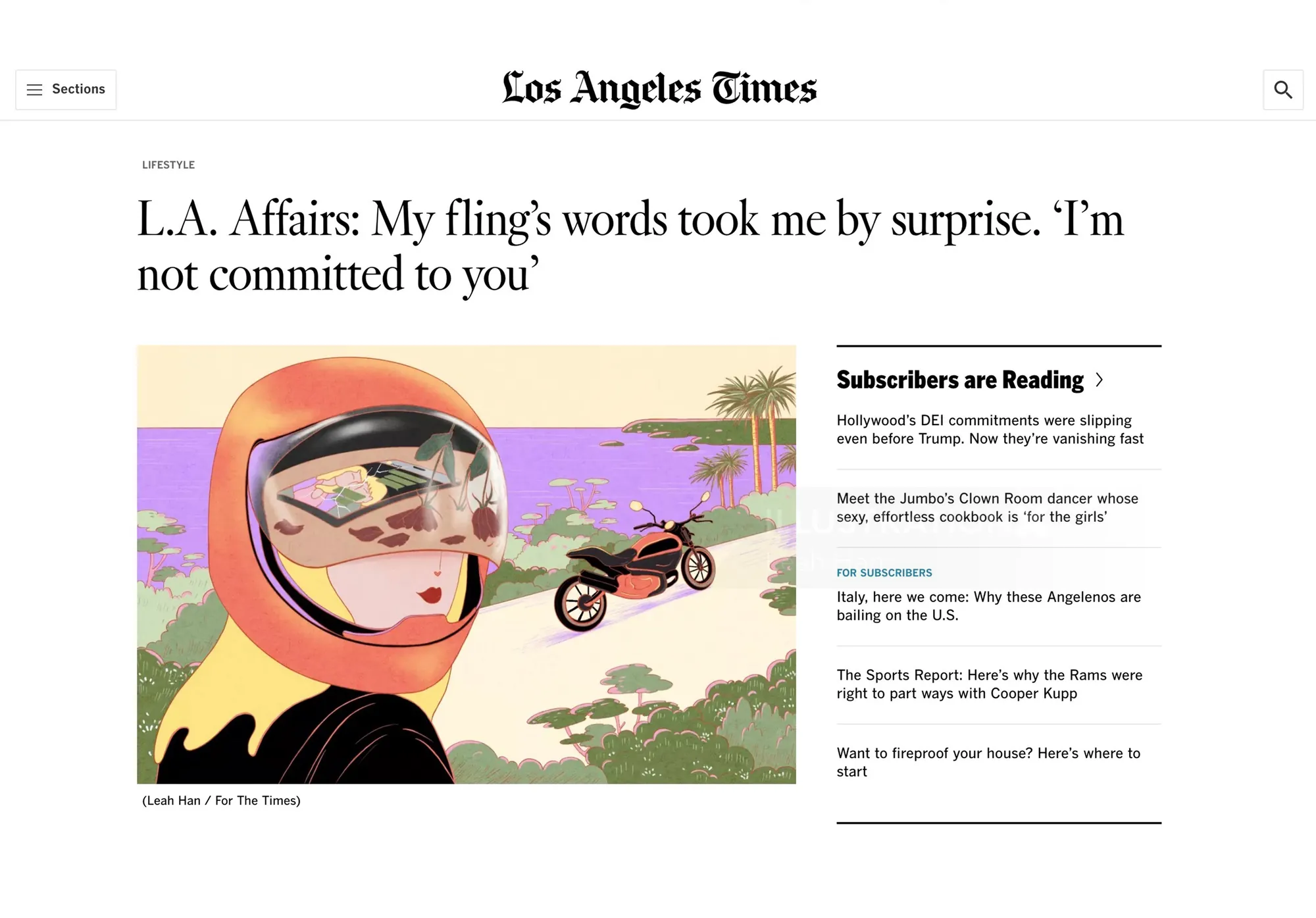 Leah Han illustration of a helmeted rider beside a motorcycle and palm trees