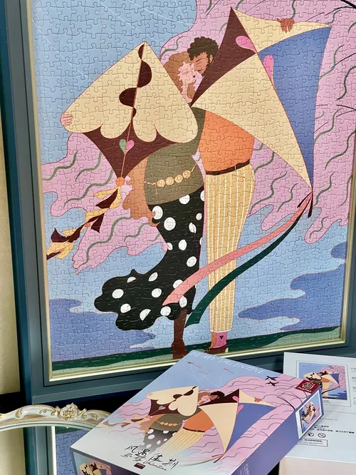 Leah Han illustration of a woman in a polka-dot dress with colorful geometric shapes.