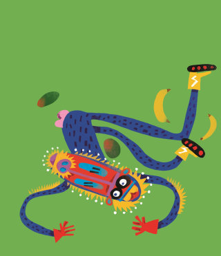 Conception du personnage d&#39;un animal faisant du skateboard pour l&#39;emballage des collations végétaliennes de Forest Feast