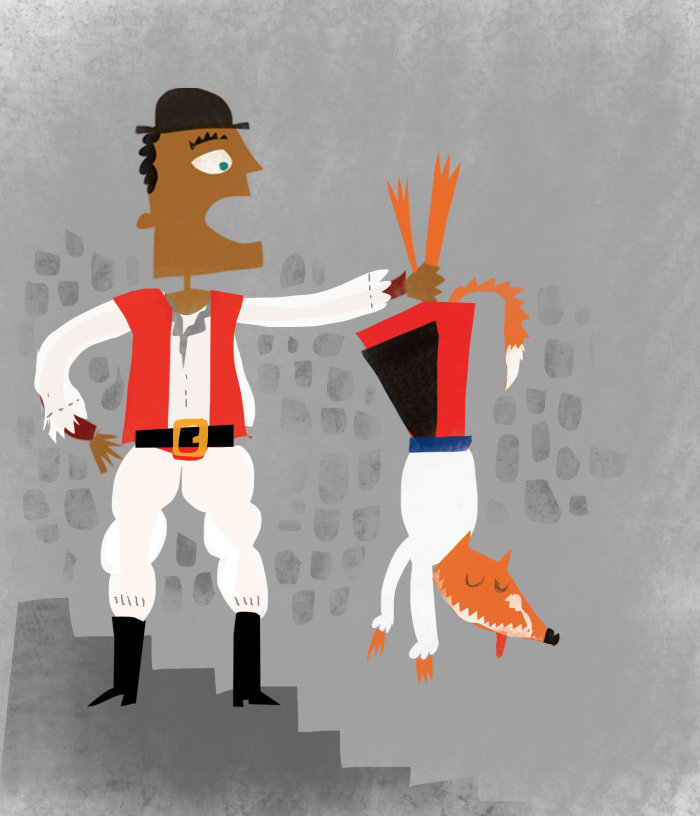 Character design of a man holding a fox
