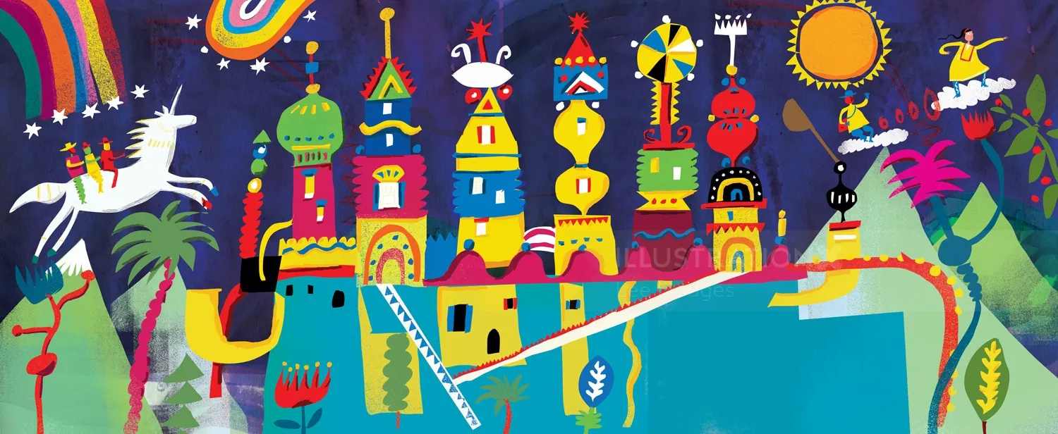 Fantasy castle with animals and bright decorations by Lee Hodges