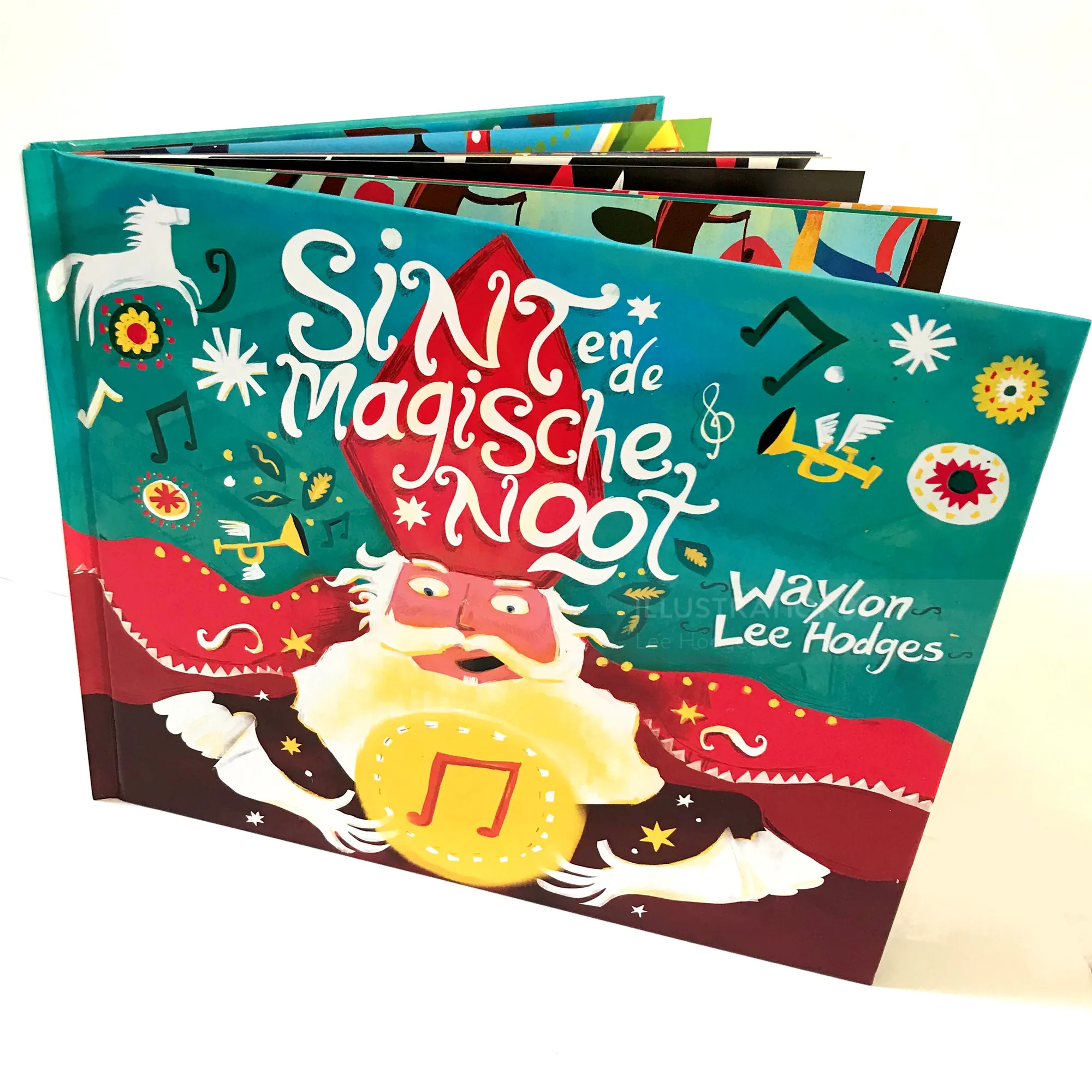 Sinterklaas book cover with colorful music notes by Lee Hodges