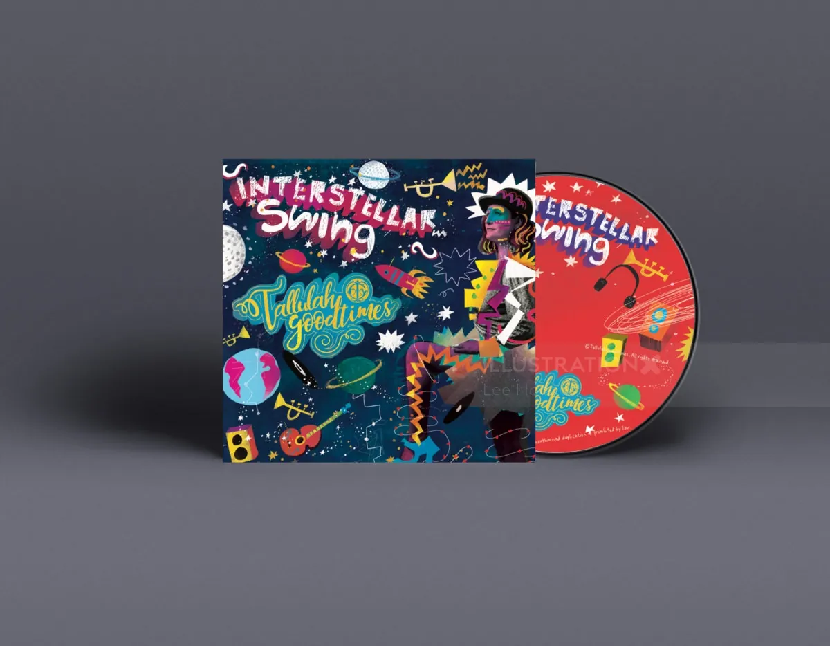 Interstellar Swing album cover with cosmic and musical illustrations by Lee Hodges