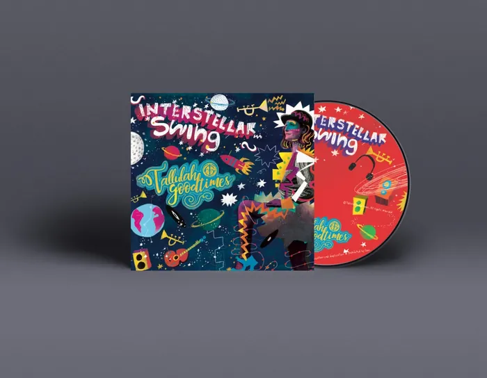 Interstellar Swing album cover with cosmic and musical illustrations by Lee Hodges