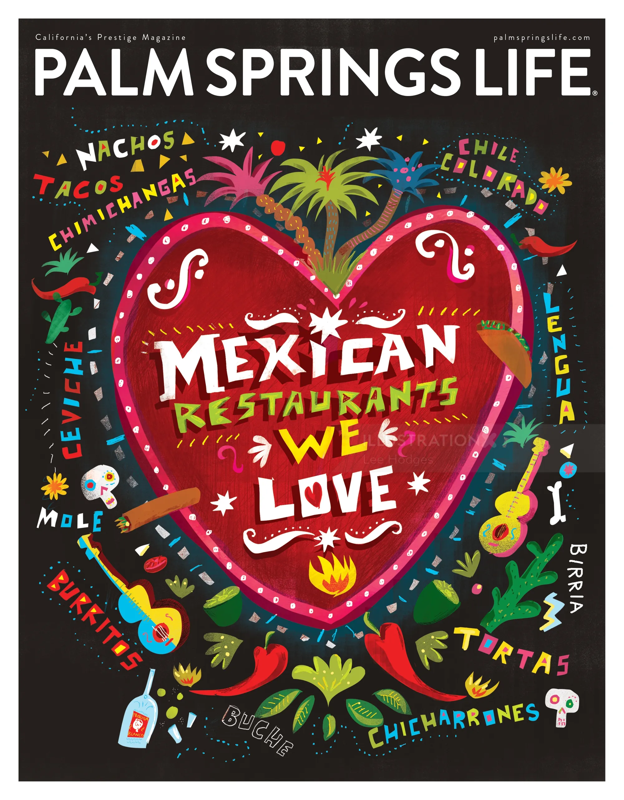 Colorful heart illustration celebrating Mexican restaurants by Lee Hodges