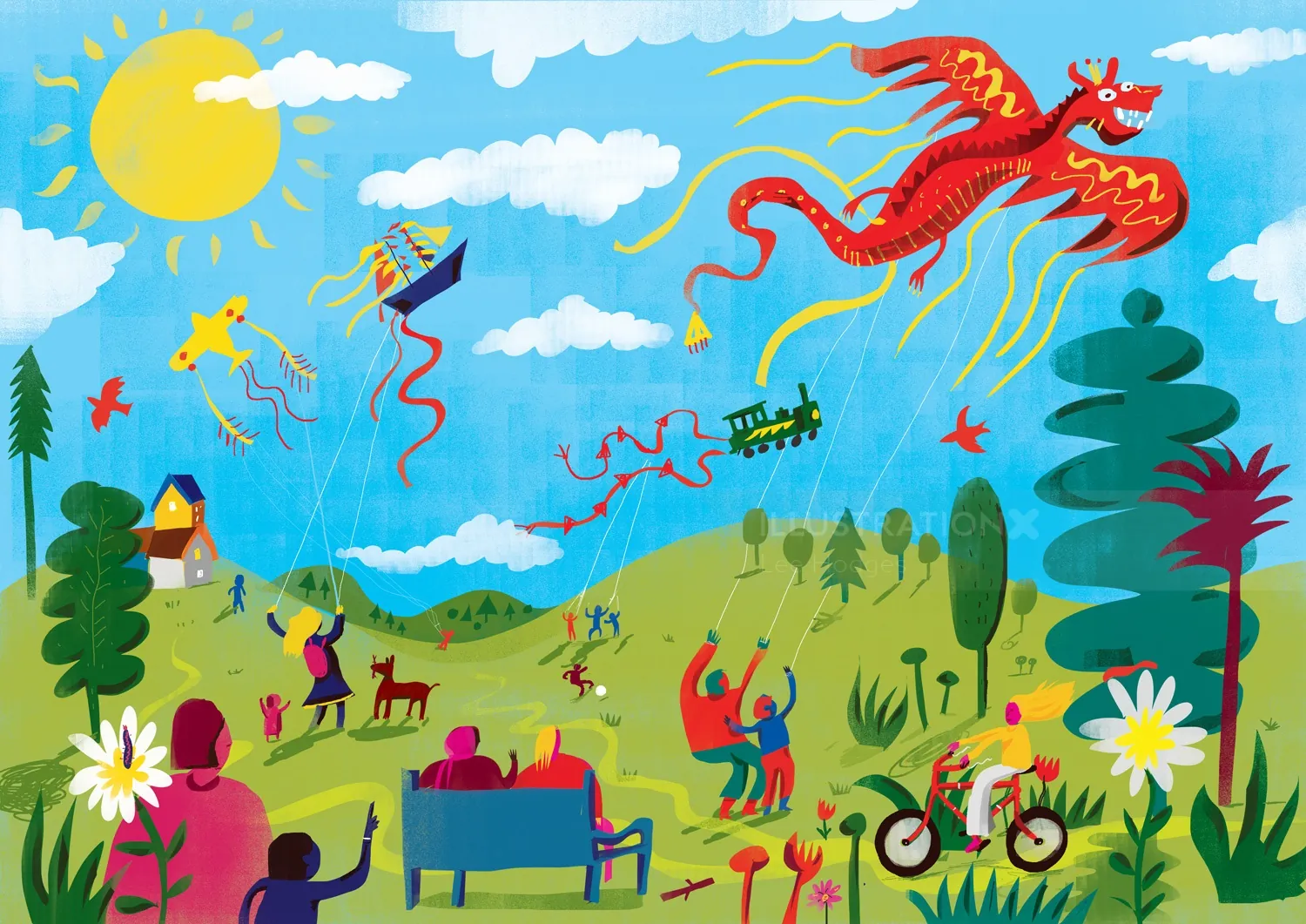 People flying kites and enjoying a sunny day in a vibrant park