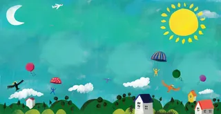 Colorful whimsical landscape with sun, moon, balloons, and houses