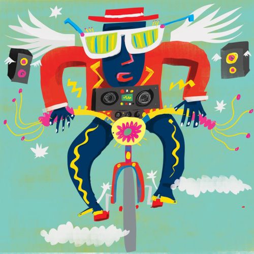 Illustration of a person on a flying bike with sunglasses and hat by Lee Hodges