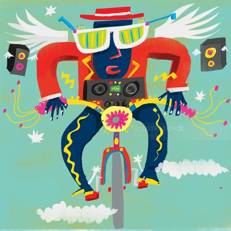 Illustration of a person on a flying bike with sunglasses and hat by Lee Hodges