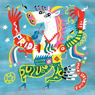 Abstract colorful horse with shapes and text on blue background