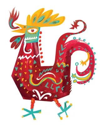 Colorful abstract funky chicken illustration with geometric patterns