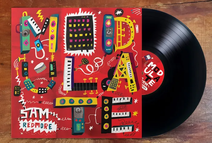 Colorful Modulate album cover with keyboard and vinyl record