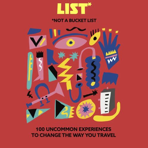 Colorful abstract shapes with bold text on red travel book cover