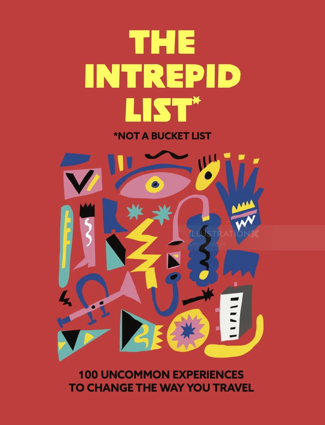 Colorful abstract shapes with bold text on red travel book cover