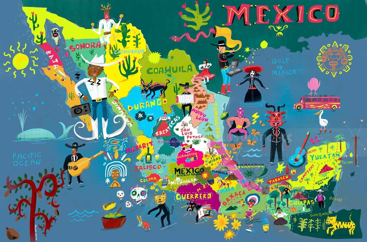 Colorful illustrated map of Mexico with cultural icons and landmarks