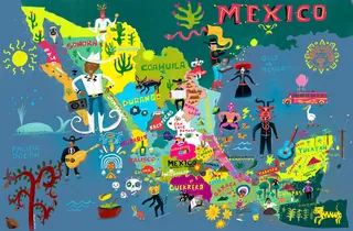 Colorful illustrated map of Mexico with cultural icons and landmarks