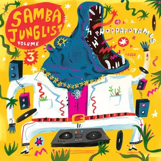 Colorful dancing hippo in white suit with music and decorations