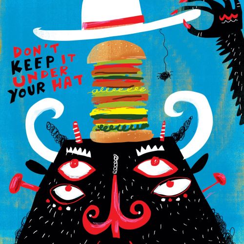 Cartoon monster with multiple eyes holding a giant stacked burger